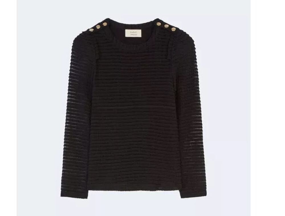 Ba&sh Nils Black Mini Ruffle Long Sleeved Top, Padded Shoulders, Small, Size 1